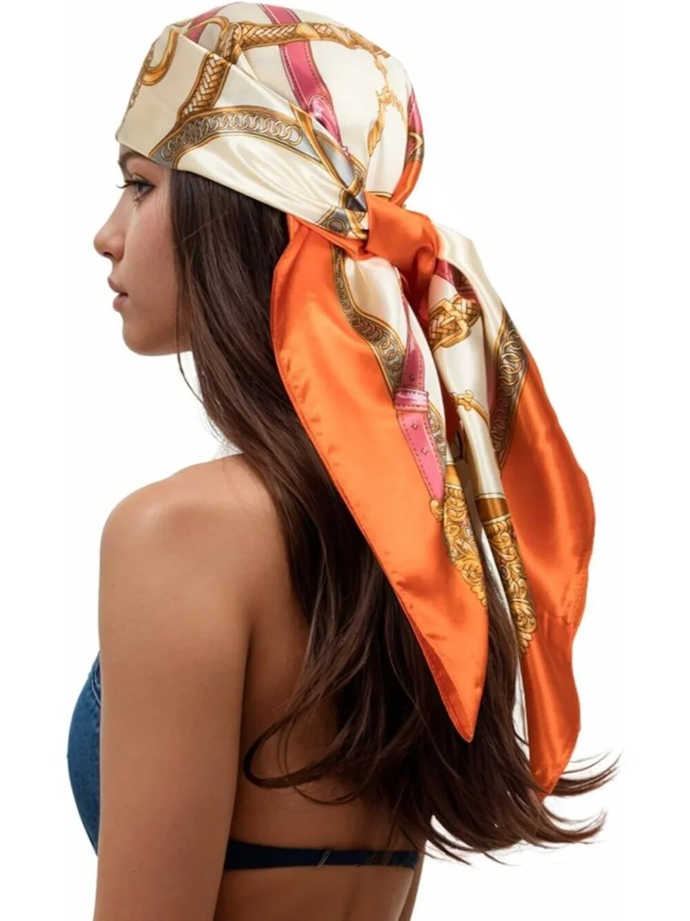 Womens Orange Printed Square Scarf Bandanas Hair Scarf 35 Inches